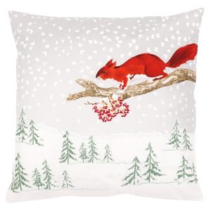Vankúš s výplňou, zamat. Vianočný motív, zasnežená krajina s veveričkou. 45×45 cm.