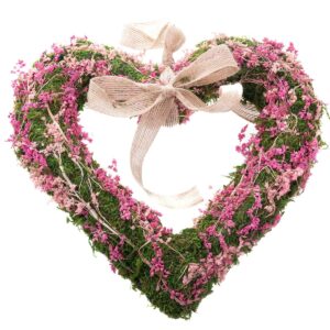 Závesné machové srdce so sušenými kvietkami, ružová, 25 x 3,5 cm