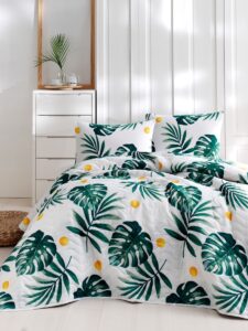 Set bavlněného přehozu přes postel a povlaku na polštář Lura 160x220 cm zeleno-bílé